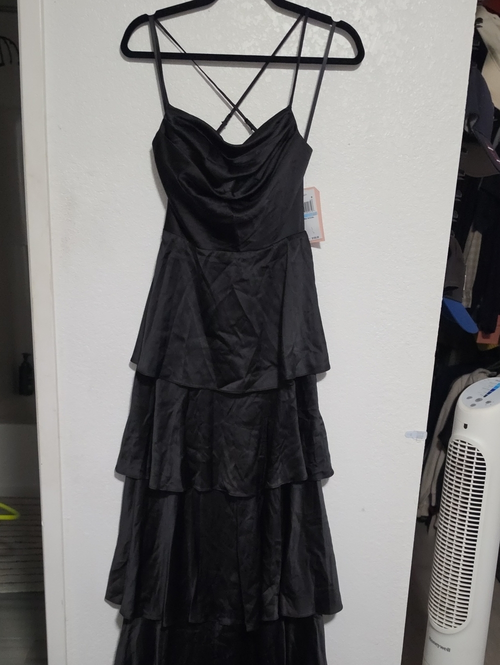 City Studio Black Tiered Satin Spaghetti-Strap Prom Dress